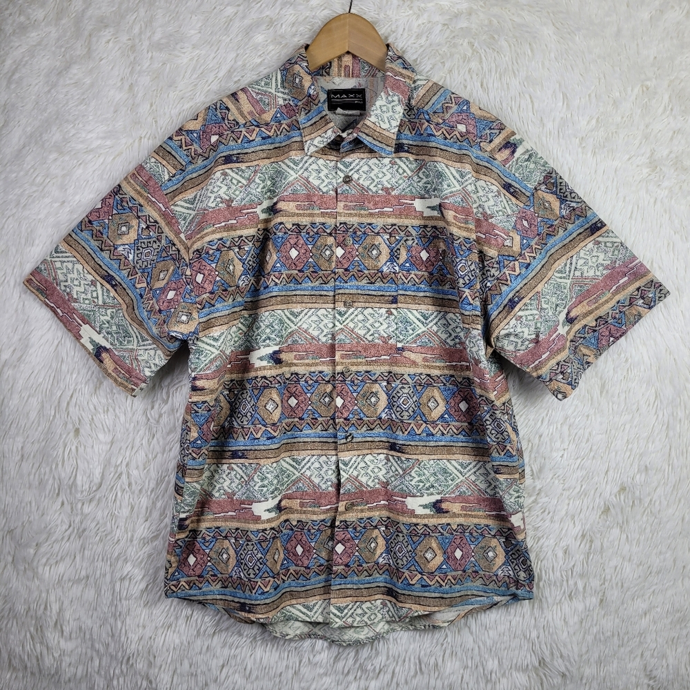 Vtg Maxx FM Men L Multicolor Abstract Button Up Shirt Southwestern Aztec USA 90s